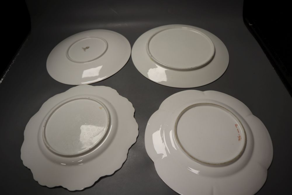 A late 19th century Wedgwood imari pattern plate, two 19th century pink bordered plates, and one other cabinet plate titled View near